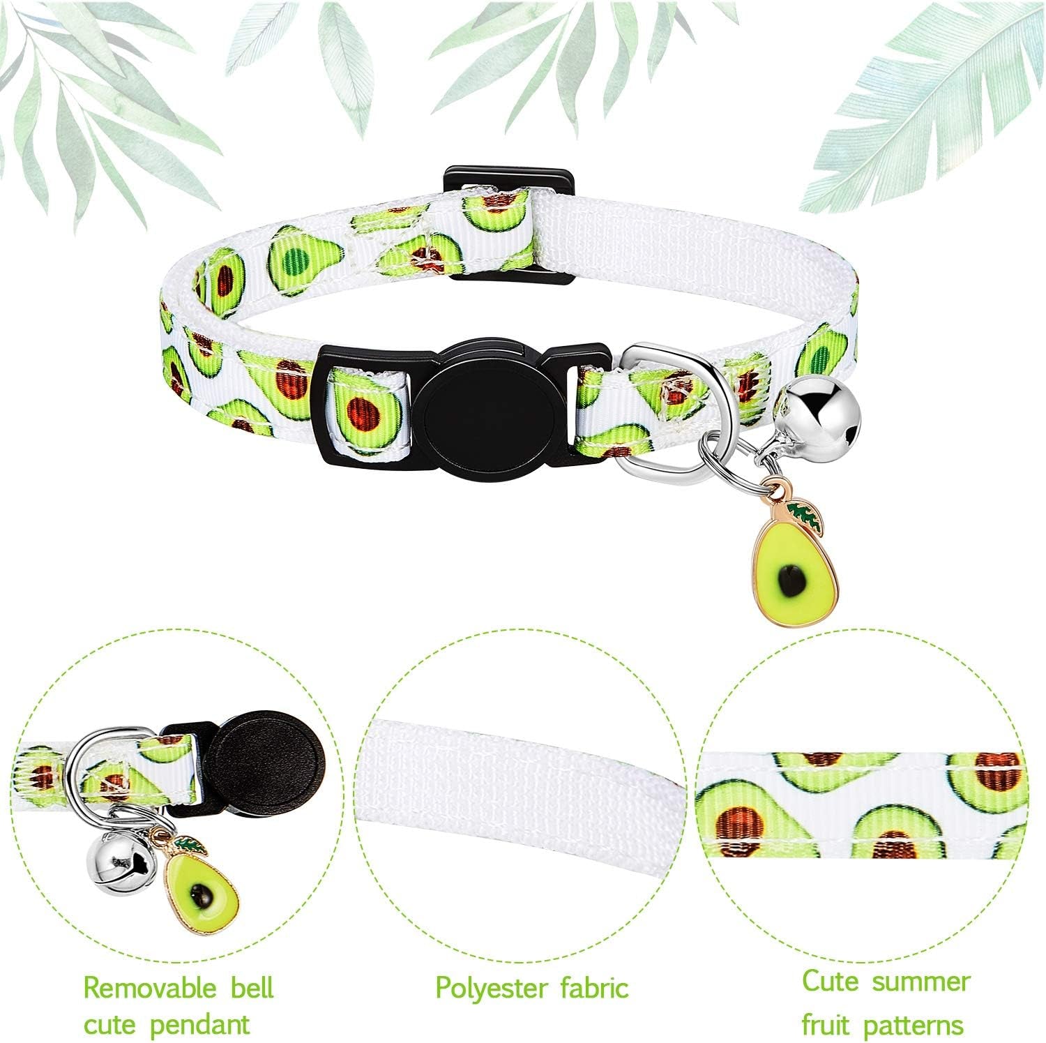 5 Pieces Breakaway Cat Collars with Bell Colorful Summer Fruit Style Adjustable Pet Collar with Pineapple Watermelon Cherry Strawberry Avocado Patterns for Kitten Kitty Cat Tropical Hawaii Party (S)