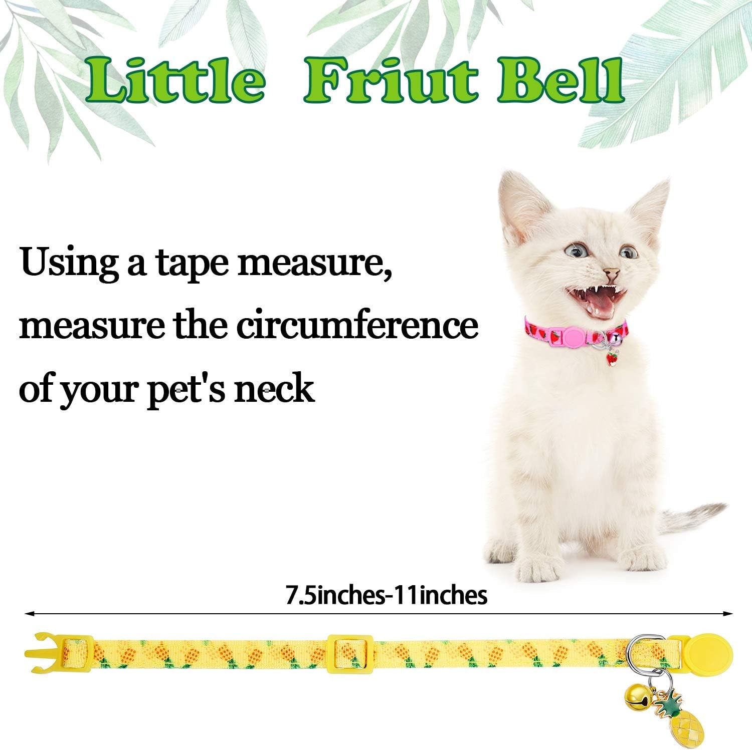 5 Pieces Breakaway Cat Collars with Bell Colorful Summer Fruit Style Adjustable Pet Collar with Pineapple Watermelon Cherry Strawberry Avocado Patterns for Kitten Kitty Cat Tropical Hawaii Party (S)