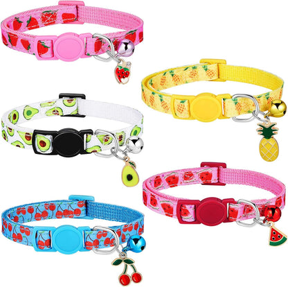 5 Pieces Breakaway Cat Collars with Bell Colorful Summer Fruit Style Adjustable Pet Collar with Pineapple Watermelon Cherry Strawberry Avocado Patterns for Kitten Kitty Cat Tropical Hawaii Party (S)